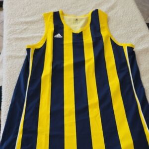adidas Yellow and Navy Vertical Stripe Basketball Jersey